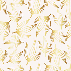 Fototapeta na wymiar Vector illustration of golden tropical leaves botanical seamless pattern on beige. Floral organic background.