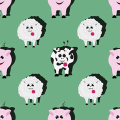 Seamless pattern with sheep, cow and pig with beautiful pink flower in the mouth on green background. 3d bacdrop with domestic animal. Cut out print for children bed linen and wallpaper for baby room.