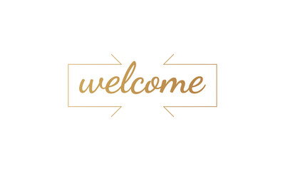 Welcome Card. Gold Text Handwritten Calligraphy Lettering with Square Line Frame Outside isolated On White Background. Flat Vector Illustration Design Template Element