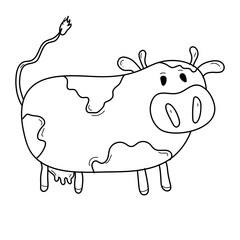 Doodle illustration with cute cow. Hand drawn vector illustration isolated on white background