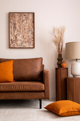 Modern composition of living room interior with mock up poster frame, brown sofa, carpet,  stand...