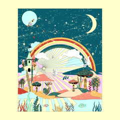 Cards with groovy landscape clipart, Backgrounds with abstract mountains, retro waves clip art, Postcard designs with colorful abstract shapes, Vector illustration in flat style.