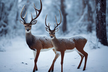 Naklejka na ściany i meble Cute photorealistic 3d render deer portrait in a frozen forest.