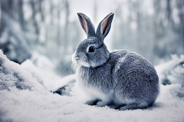 Cute photorealistic 3d render rabbit portrait in a frozen winter forest.