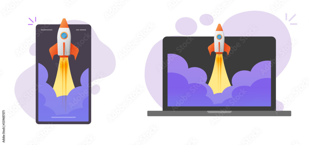 Poster rocket ship launch power start on cell phone and computer vector icon, digital new project startup a