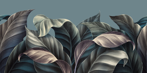 Blue vintage tropical leaves in seamless border design. Premium wallpaper, luxury silver grey background, texture, mural art. 3d dark watercolor floral illustration. Golden, beige, subdued pink colors