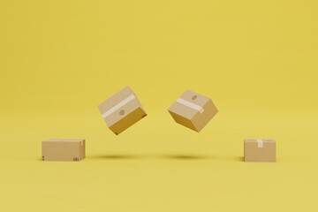 delivery of parcels all over the world. boxes of parcels flying on a yellow background. 3D render