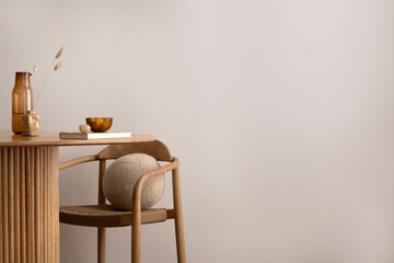 Minimalist composition of dining interior with round wooden table, design chair, copy space,...