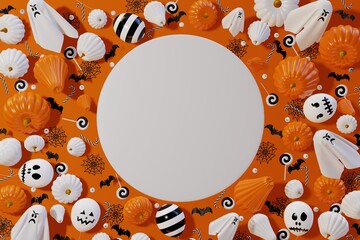 Background for Halloween. Halloween ghost balloons, pumpkins, bats, candies on yellow background. 3d render