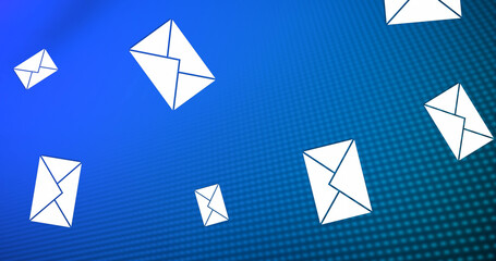 Illustration of falling white envelopes over dots against blue background, copy space
