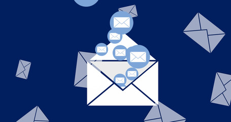 Illustration of falling envelopes and message icons in circle over blue background, copy space