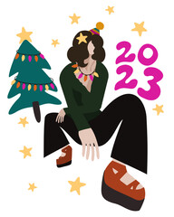 Woman, Christmas tree, stars and lettering. 2023. Happy New Year and Merry Christmas.