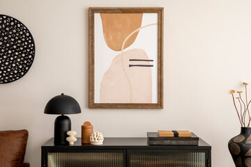 Creative composition of living room interior with mock up poster frame, black commode, lamp,...