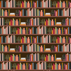 Seamless pattern with books placed on a bookshelf, Books and plant on shelfs wallpaper, Modern repeat design, Wallpaper book print, Library, bookshtore, Flat design,  Bookshelfs illustration