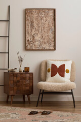 Stylish composition of living room interior with mock up painting frame, boucle armchair, patterned...