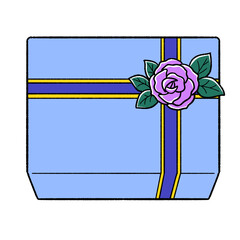 バラの花飾り付きのラッピングをした長方形のプレゼント