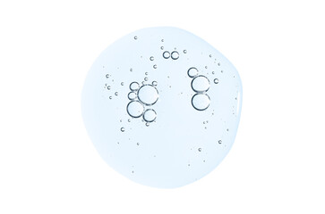 A drop of body serum or cosmetic oil with bubbles. Liquid skin care product. Isolated on a white...