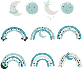 Vector hand drawn celestial collection with cute planet, moon, rainbow, star for nursery decoration. Perfect for baby shower, birthday, children's party, clothing prints, greeting cards