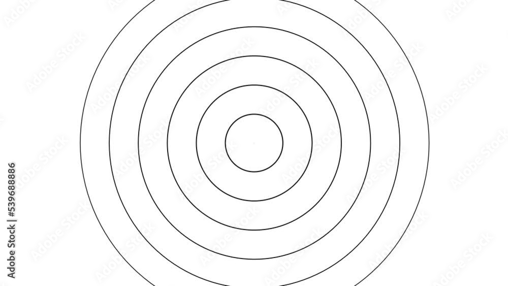 Poster black and white concentric line circle background. black circles spin around one by one, in a motion