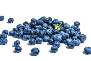 Bowl of ripe blueberries isolated on white background. Fresh fruits, ingredients of healthy food
