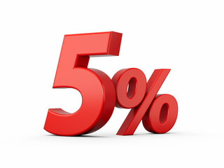 3d Red 5% Five Percent Sign on White Background 3d illustration