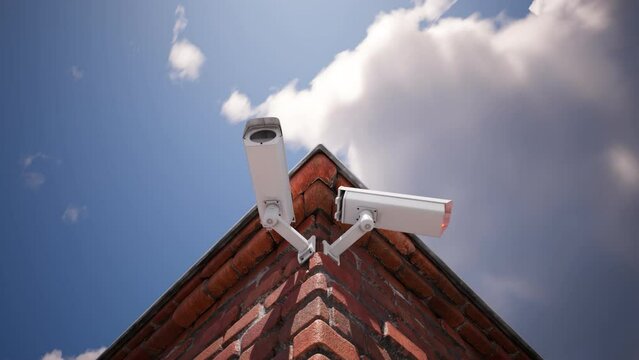 Two security cameras watching the neighborhood from the building corner. 4K HD