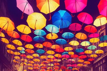 Fototapeta na wymiar street with colorful floating umbrellas, 3D rendering, raster illustration.