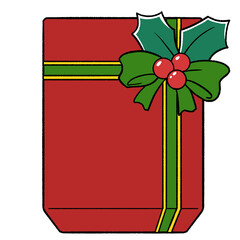 ヒイラギ付きのリボンでラッピングした長方形のクリスマスプレゼント