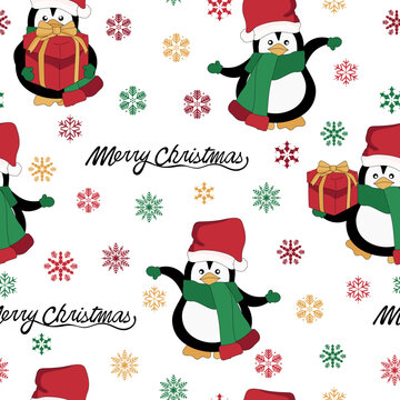 Penguin seamless pattern. Christmas pattern. Animal with scarf and santa claus hat. Snowflakes, gifts and snow. Merry Christmas inscription. Prints, packaging template, wrapping paper, textiles.