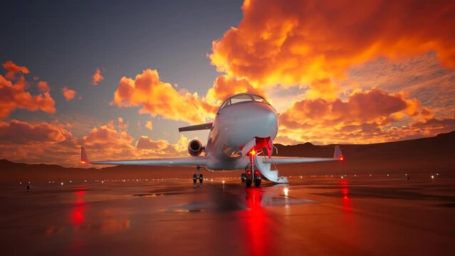 White private jet waiting for passengers on a wet airfield runway during sunset.