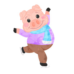 cute pig wearing sweater play ice skate