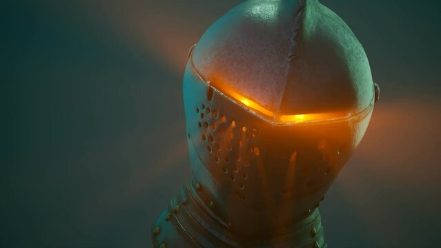 A medieval knight's soul shines bright through helmet holes illuminating a fog.