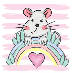 Hand drawn mouse and rainbow. Cartoon character vector illustration. Childish design print on t-shirt.
