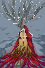 The red-haired woman plays a song in the middle of a barren world.