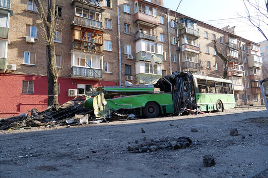 Russia - terrorist country, destroyed by a missile trolleybus in Kyiv, Ukraine