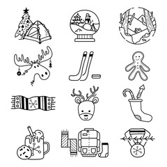 Fototapeta premium Christmas camping icons and elements in line art style. Silhouette travel symbols icluding moose, holiday socks, christmas trees. Stock vector graphics