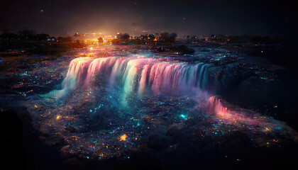 AI generated image of the Niagara Falls lit up to look like deep space cosmos 