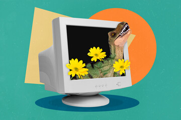 Collage 3d image of pinup pop retro sketch of scary dinosaur flowers inside oldshool monitor...