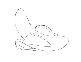 Outline of a banana with an open peel from black lines isolated on a white background. Vector illustration.