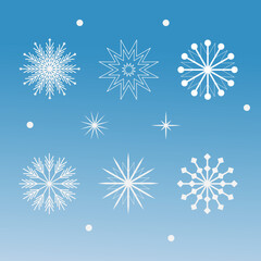 A set of vector snowflakes. Flat sticker style, snowflake design. Winter background for Christmas.