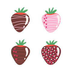 Strawberry in chocolate set, sweet strawberries covered in chocolate fondue snack. Vector Illustration for printing, backgrounds, covers and packaging. Isolated on white background.