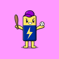Cute cartoon Battery character playing baseball in modern style design