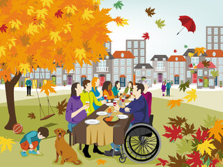 Un diner entre voisin en automne avec une ville en fond. F&ecirc;te des voisins.
