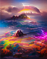Mystery landscape with rainbow and clouds vertical picture in abstract style. Fantasy island scenery. NFT art. illustration created by neural network. Video Game's digital background in abstractionism