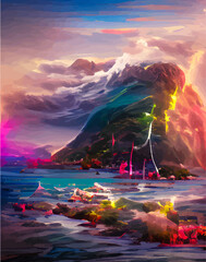 Mystery landscape with rainbow and clouds vertical picture in abstract style. Fantasy island scenery. NFT art. illustration created by neural network. Video Game's digital background in abstractionism