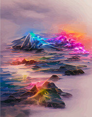 Tropical leaves in abstract style. pictures tropical abstraction. Landscape vertical picture in abstract style. NFT art. illustration created by neural network. Video Game's Digital background