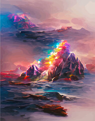 Tropical leaves in abstract style. pictures tropical abstraction. Landscape vertical picture in abstract style. NFT art. illustration created by neural network. Video Game's Digital background