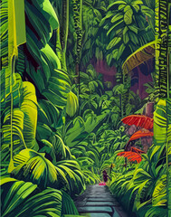 Tropical leaves in abstract style. pictures tropical abstraction. Landscape vertical picture in abstract style. NFT art. illustration created by neural network. Video Game's Digital background