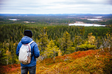 Man traveler in blue jacket with backpack hike in autumn forest in Finland Lapland. Hiking travel and adventure.