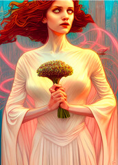 Woman portrait bridail bouquet in Art Nouveau style. Bridail woman in art nouveau style illustration. NFT drawing art. illustration created by neural network. Floral motifs vintage illustration art